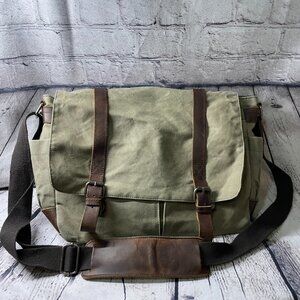 Men's Canvas Tan Messenger Bag with Leather Detail and Pockets